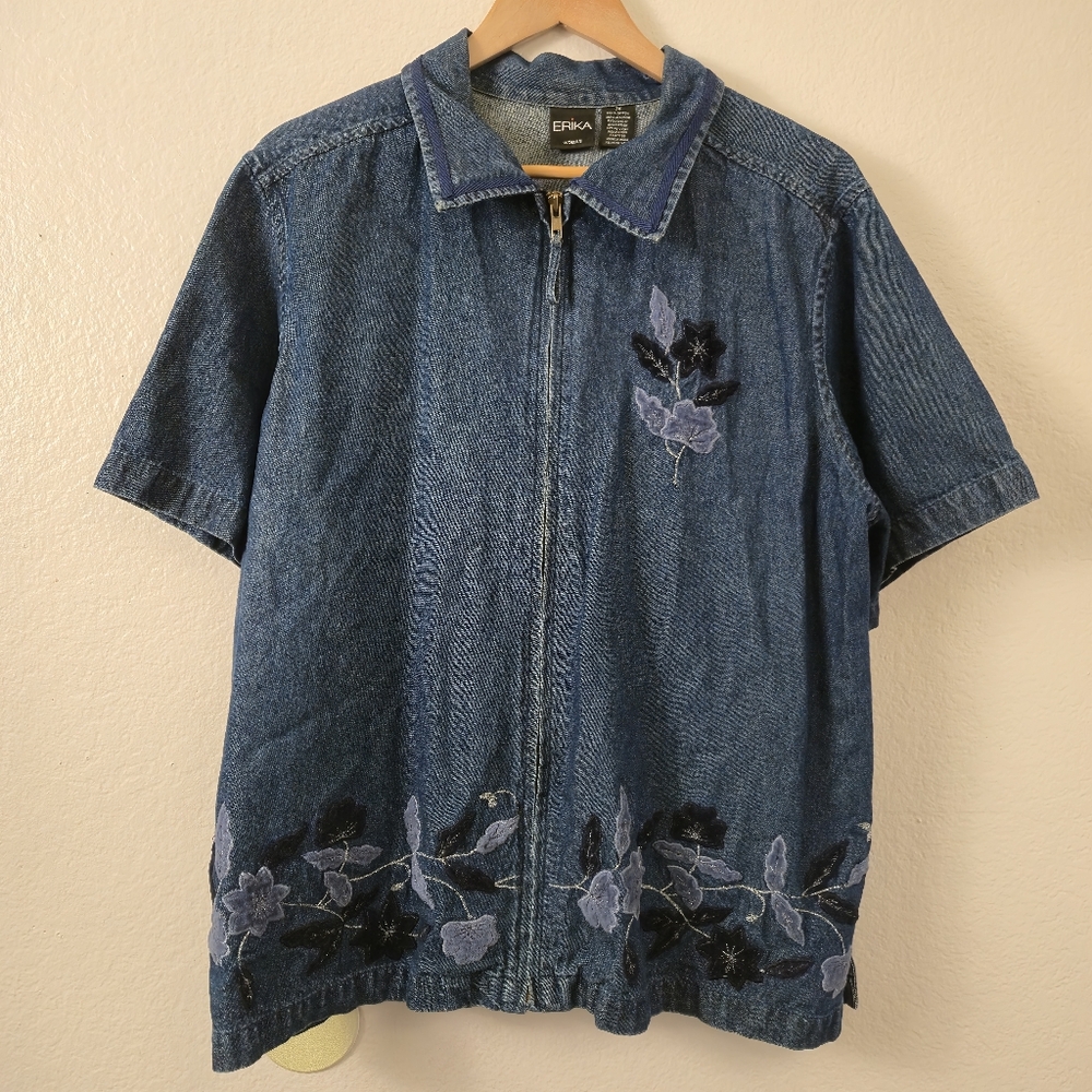 Denim Zip-Up Short Sleeve Collared Shirt with Velvet Floral Accents